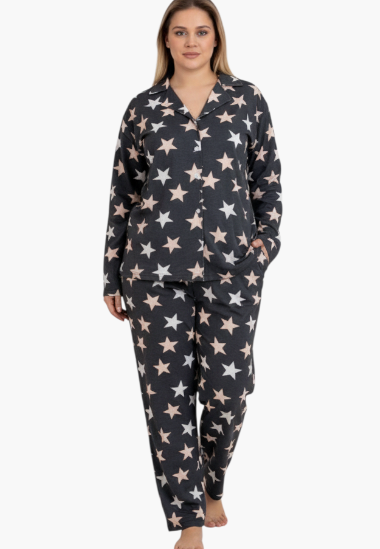Falio plus size women's cotton pajama set with long sleeves and pants featuring a dark star print pattern