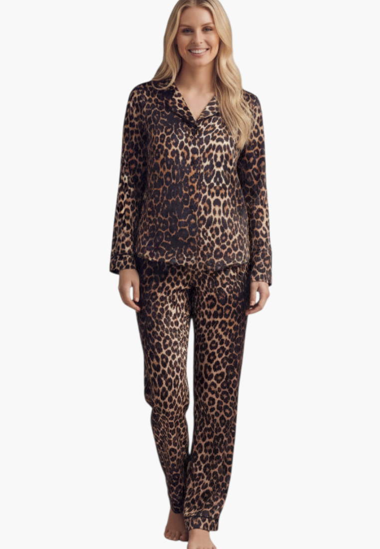 Falio women's long-sleeve cotton pajama set with a brown and black leopard print pattern on a white background