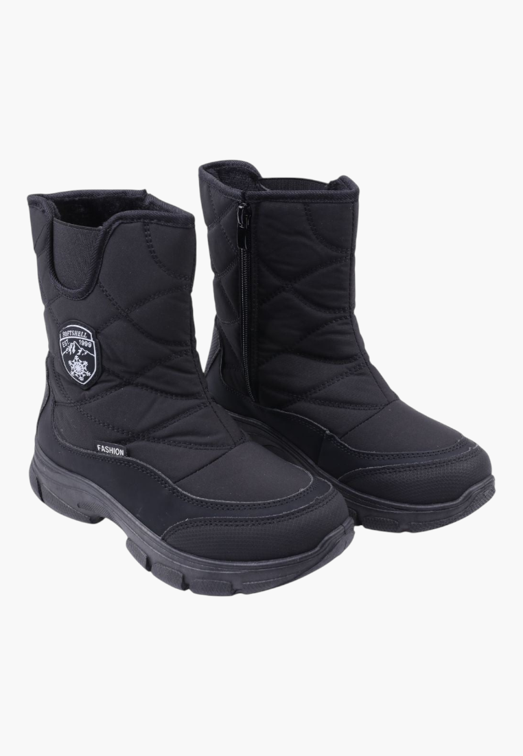 Falio black quilted softshell snow boots with side zippers, thick soles, and fleece lining for winter comfort.