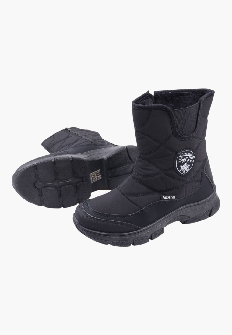 Falio black quilted softshell snow boots for women with side zipper, thick sole, and fleece-lined interior