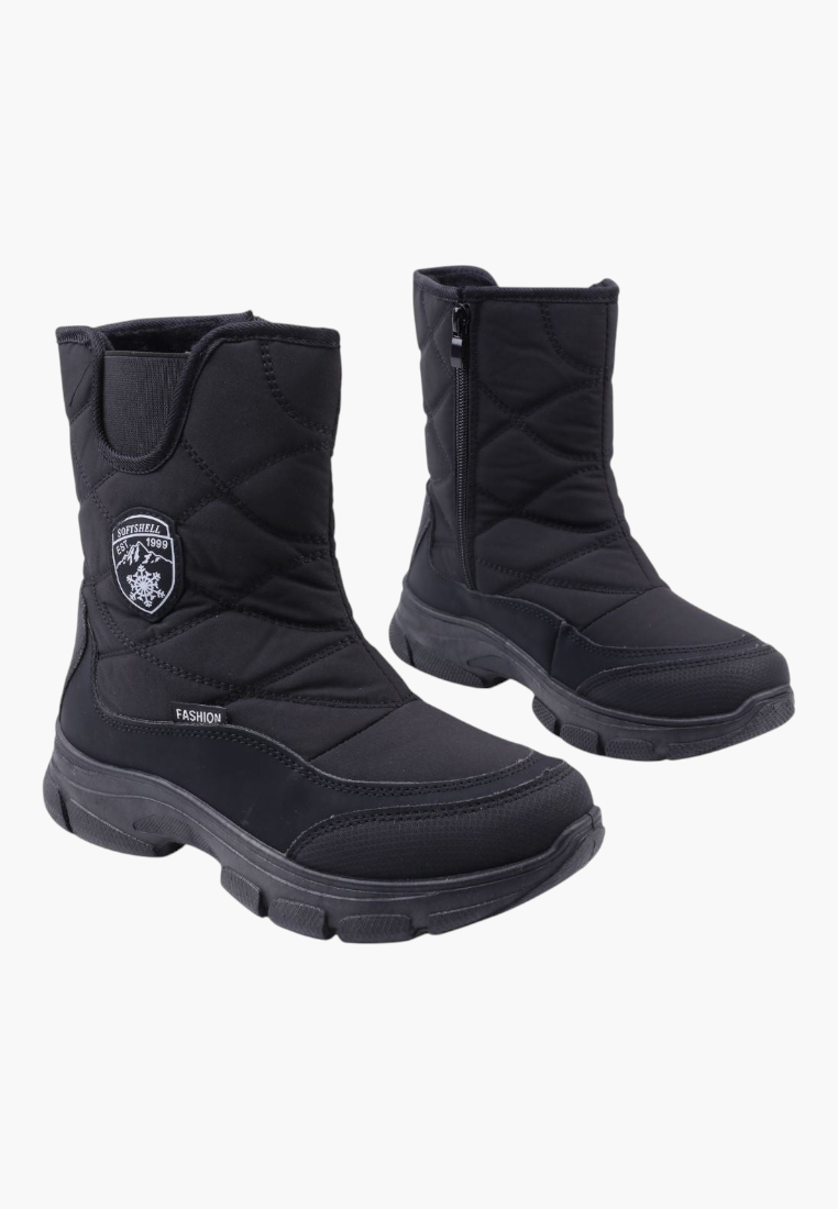 Falio black quilted softshell snow boots with side zippers, round toe, and thick insulated sole for winter comfort.