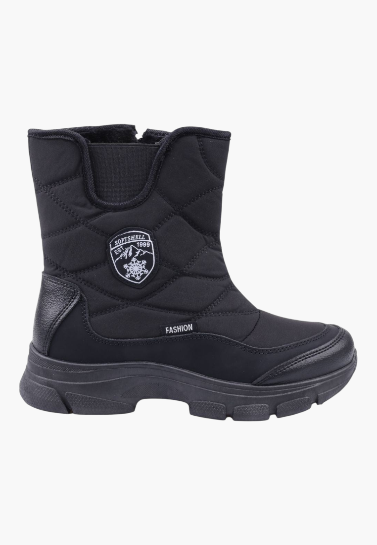 Falio black quilted softshell winter snow boots with thick sole, side zipper, and fleece lining