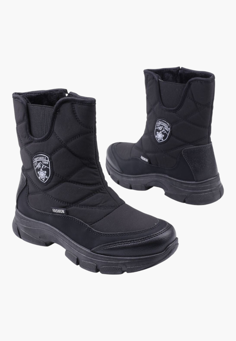 Falio black quilted softshell winter snow boots with thick soles, side zippers, and fleece lining for women