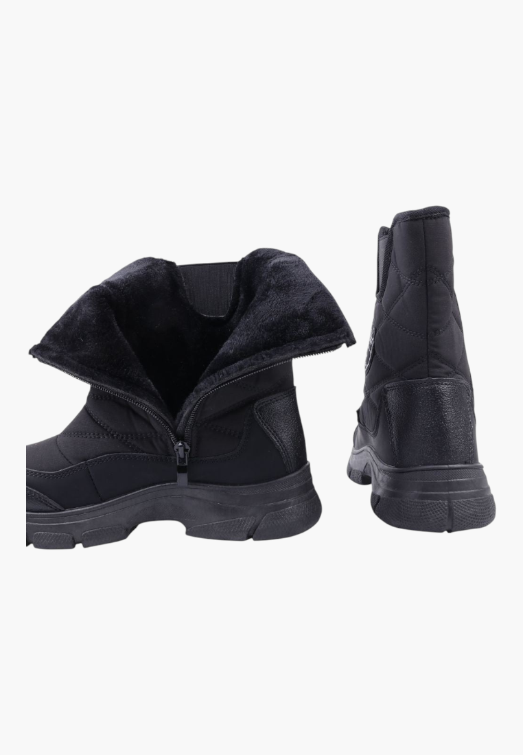 Falio black quilted softshell snow boots with fleece lining, side zipper, and thick platform sole.