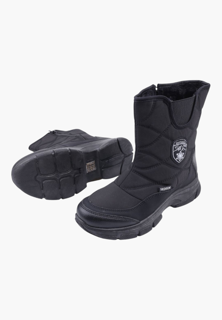 Falio black quilted softshell snow boots for women with thick soles, side zippers, and fleece-lined interiors.
