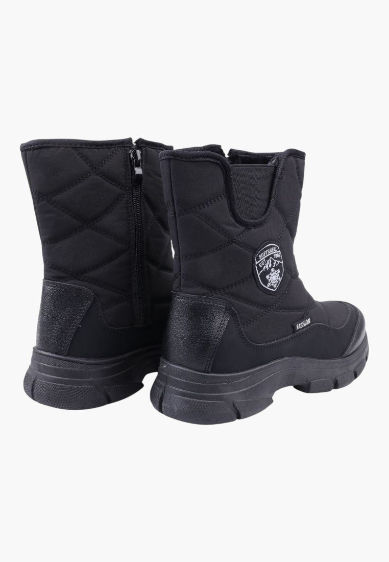 Falio black quilted softshell winter boots with side zippers, thick soles, and fleece lining for women
