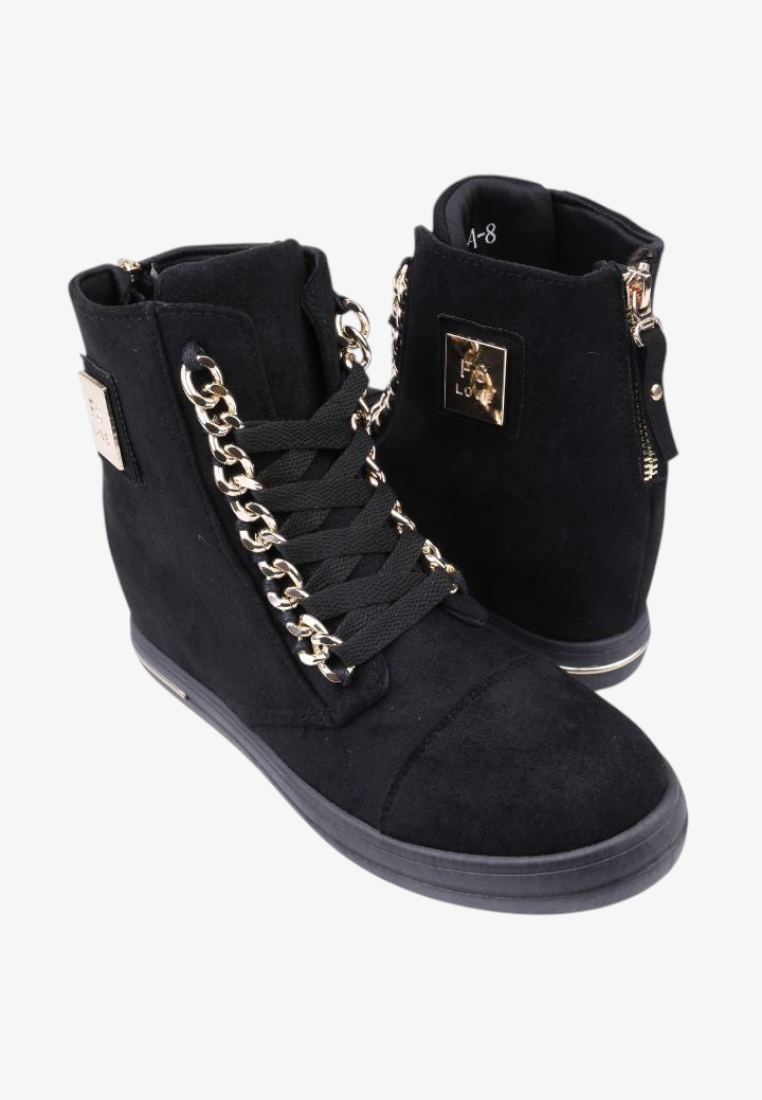 Falio black faux suede wedge sneakers with gold chain detail and lace-up closure for a stylish urban look