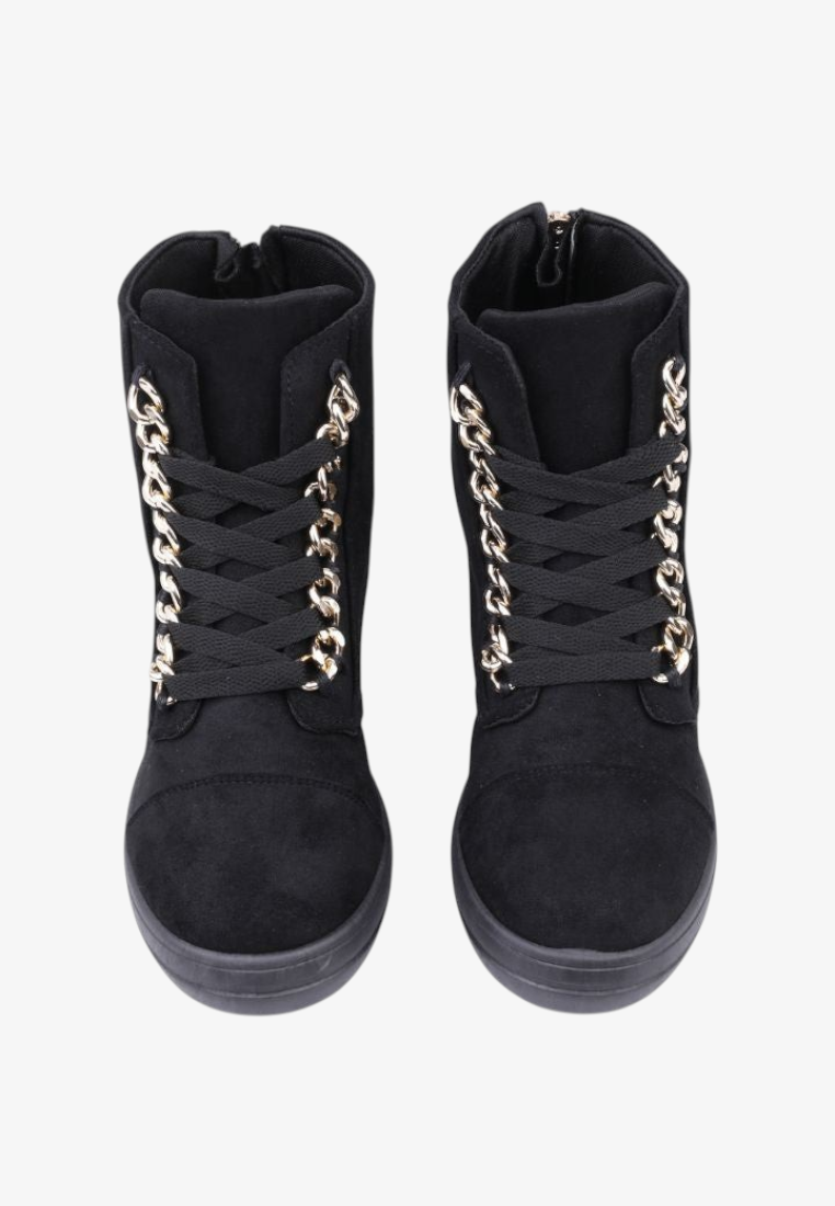 Falio black faux suede wedge sneaker boots with gold chain detail and lace-up front