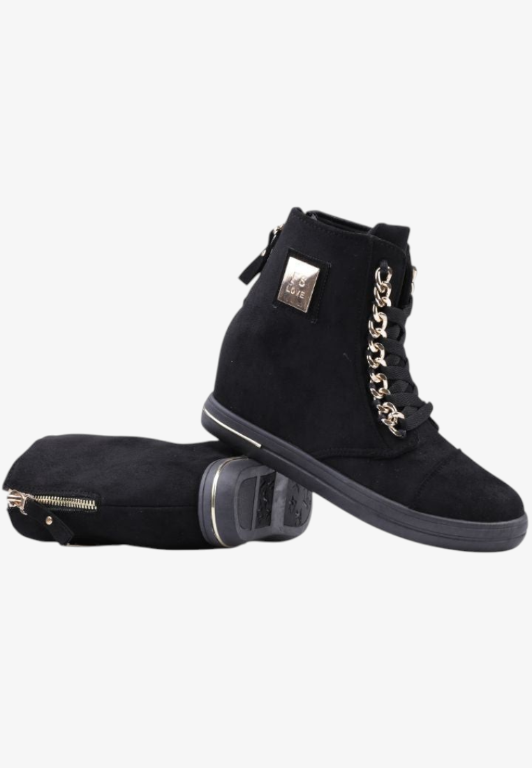 Falio black faux suede wedge sneakers with gold chain detail and side zipper in a stylish urban design