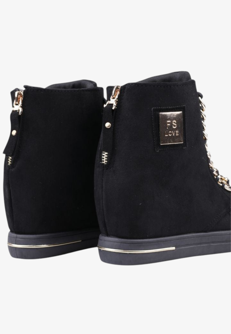Falio black faux suede wedge sneakers with gold chain detail and back zipper closure