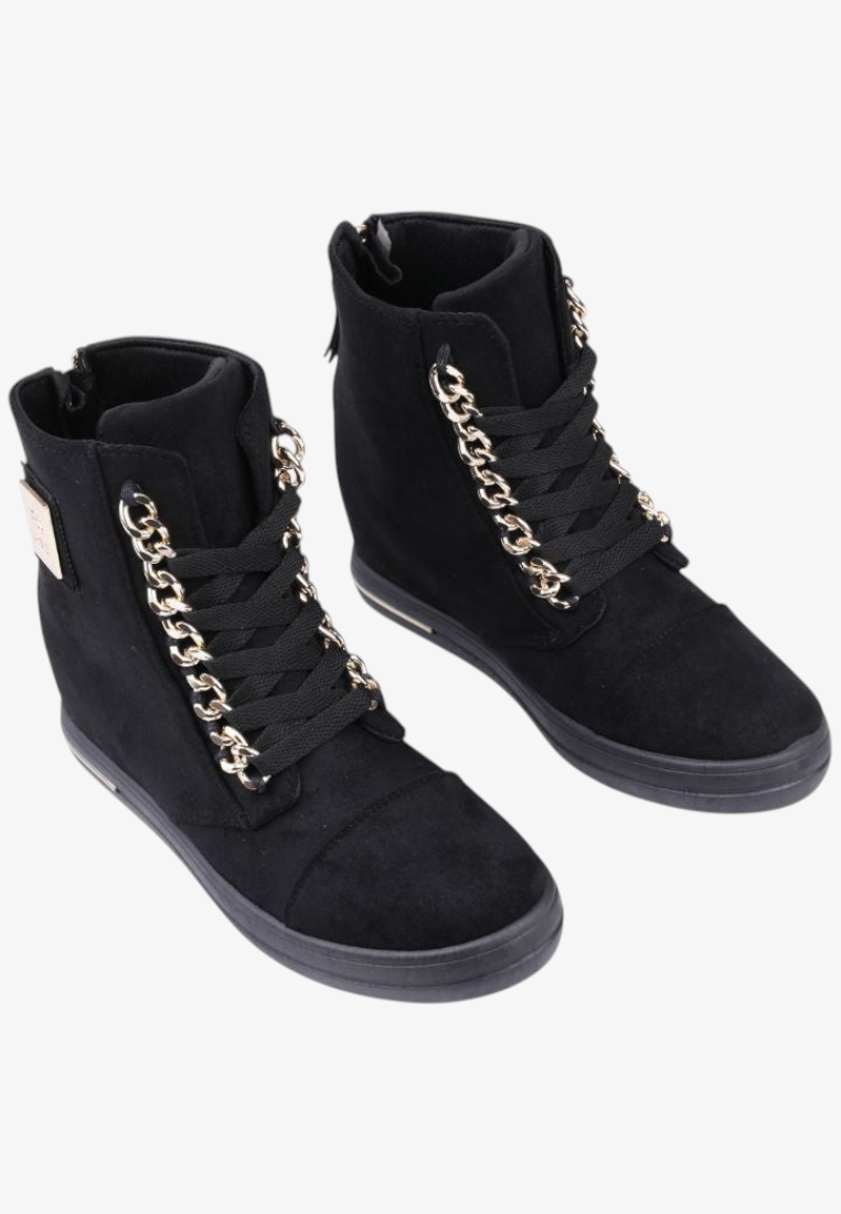 Falio black faux suede wedge sneakers with gold chain detail and lace-up closure for a stylish urban look