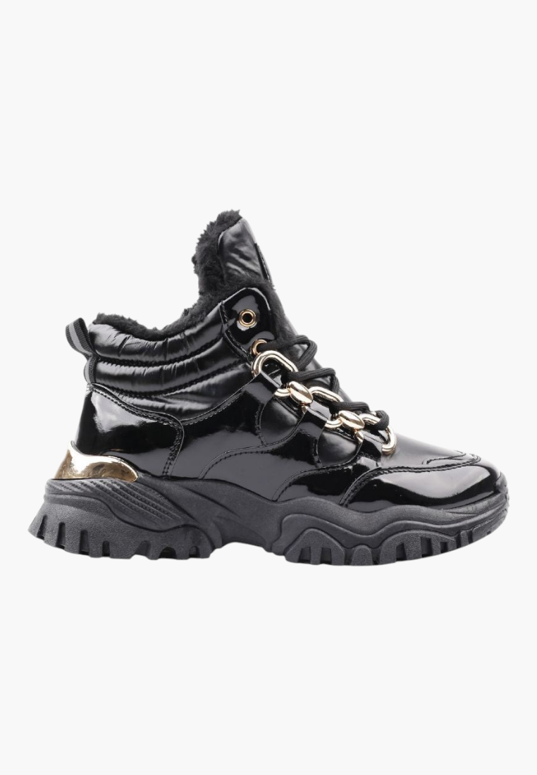 Falio black patent leather ankle sneakers with gold chain detail, flat sole, and warm lining for casual wear.