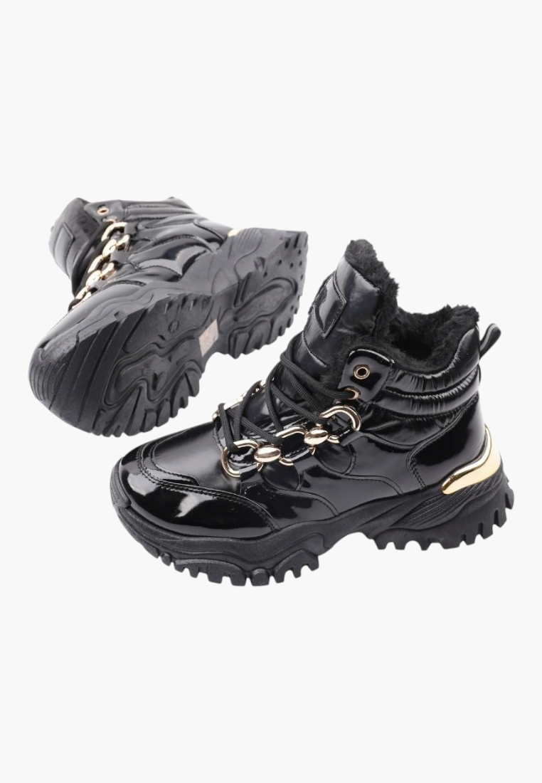 Falio black patent faux leather high-top sneakers with gold chain detail, lace-up front, and warm fur lining.