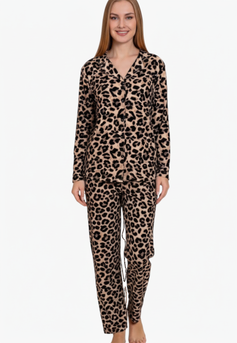 Model wearing a Falio long-sleeve cotton pajama set with a brown and black leopard print pattern