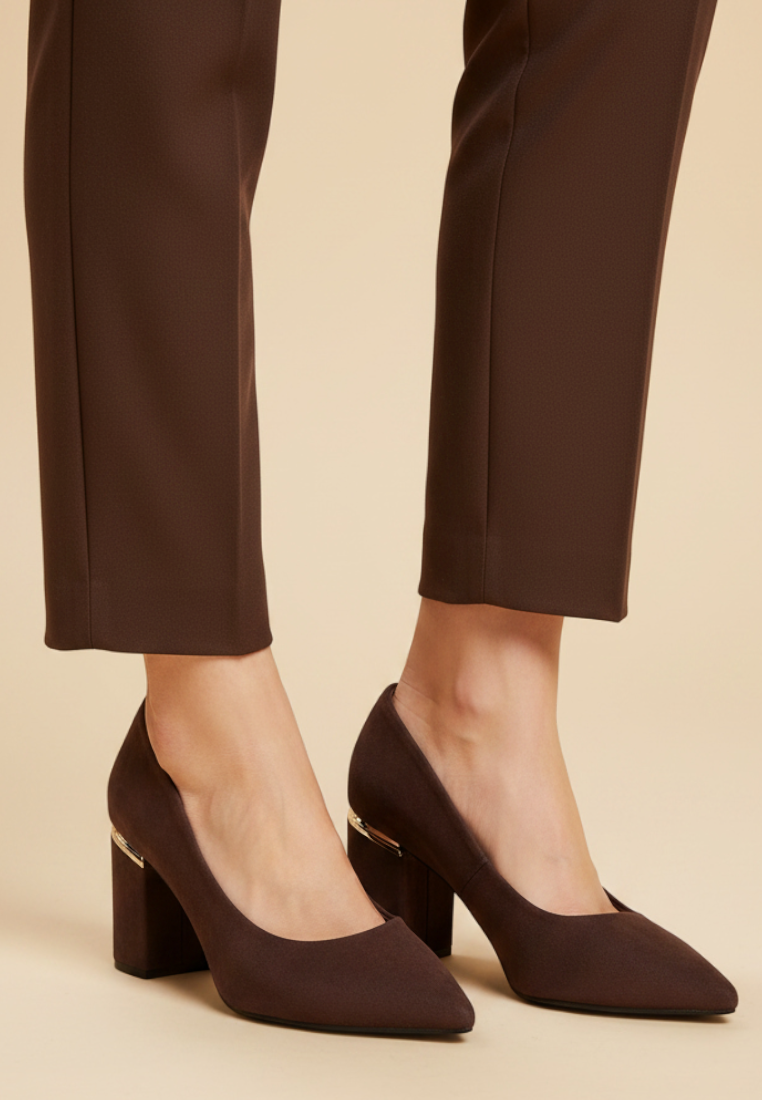 Falio women's dark brown pointed-toe pumps with block heels and metallic detail worn with matching trousers