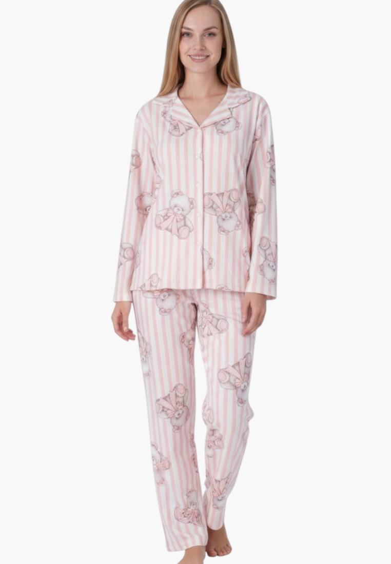 Model wearing a Falio insulated cotton pajama set with pink stripes and teddy bear print, featuring long sleeves.