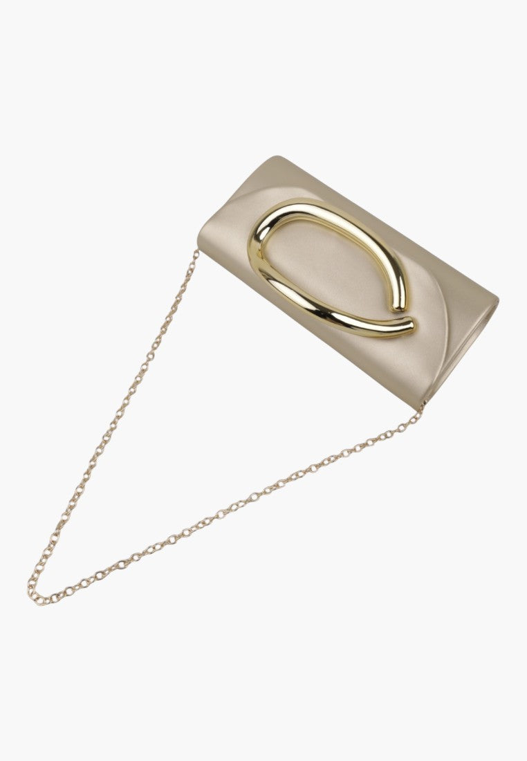 Side view of the beige clutch bag with a gold handle and chain strap.