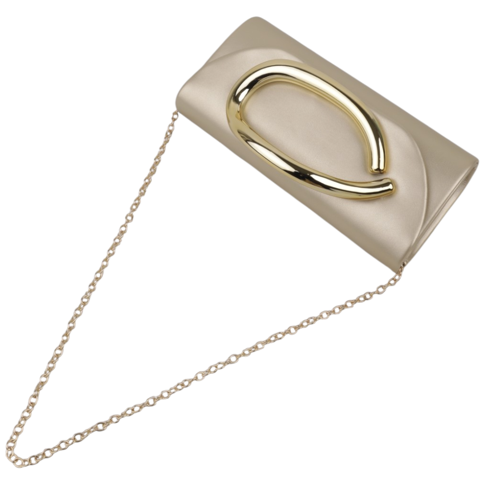 Side view of the beige clutch bag with a gold handle and chain strap.