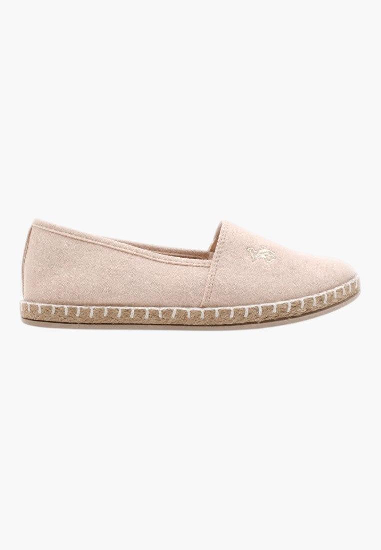 Side view of beige slip-on espadrilles with textured sole and simple style