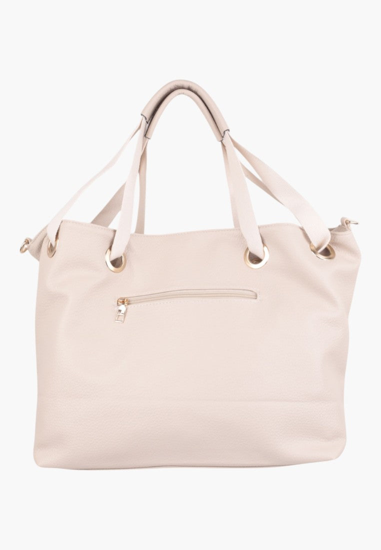 Back view of a beige handbag featuring a zipper closure.