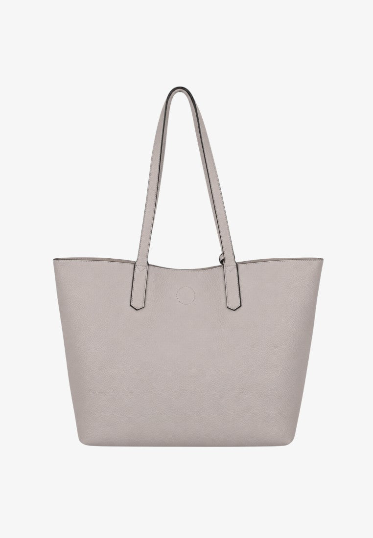 Back view of a beige tote bag featuring a smooth texture and minimalist design against a white background.