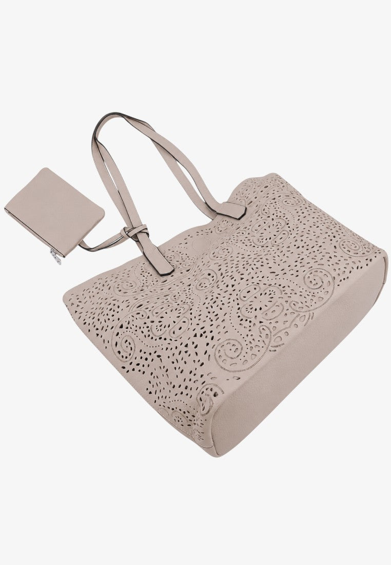 Detail close-up of a beige tote bag highlighting its flat base and detachable pouch on a white background.