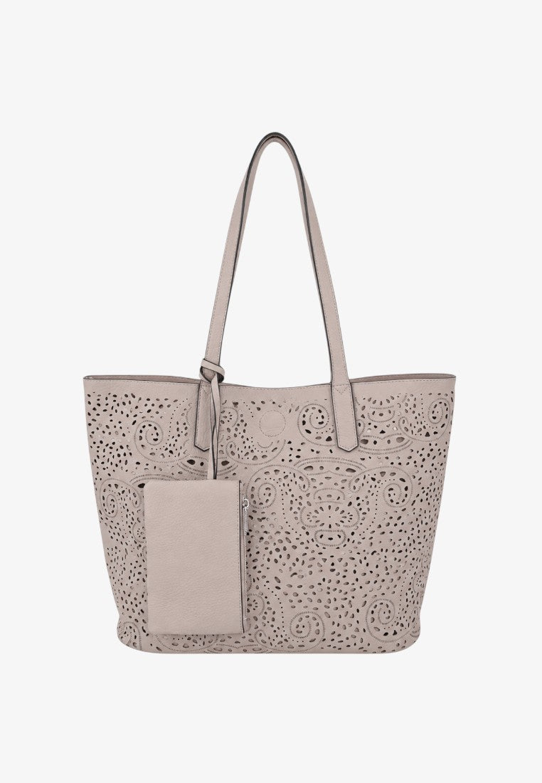 Front view of a beige tote bag with an embossed pattern and detachable pouch on a white background.