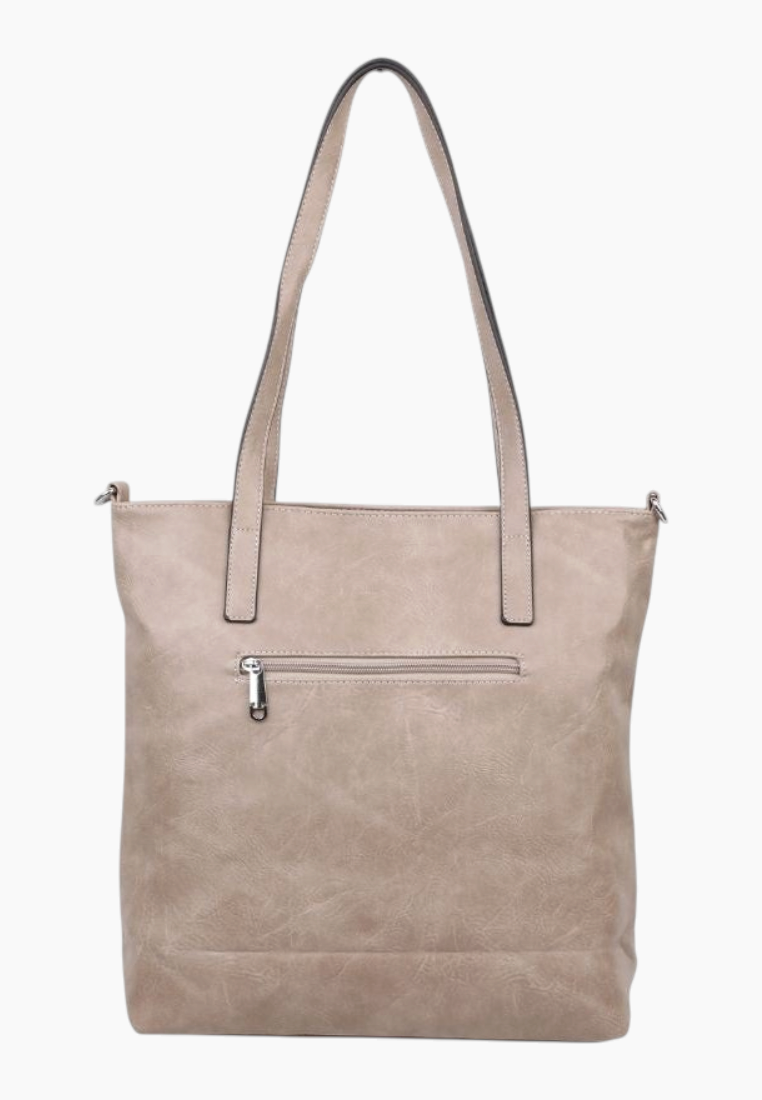 Back view of a beige tote bag with a back pocket and two shoulder straps.