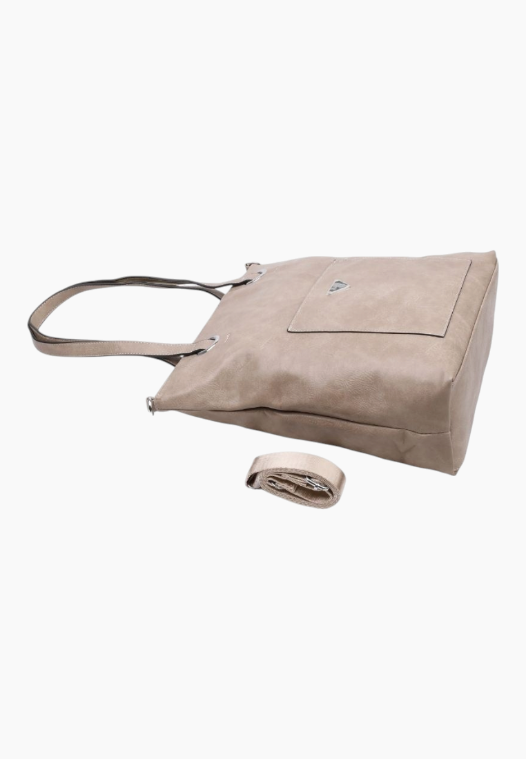 Detail shot of the beige tote bag's interior pouch and two shoulder straps.