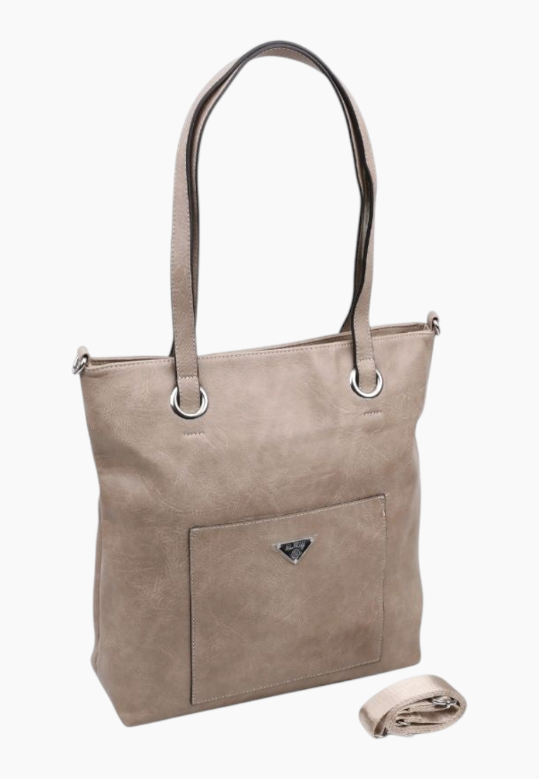 Front view of a tall beige tote bag with double handles.