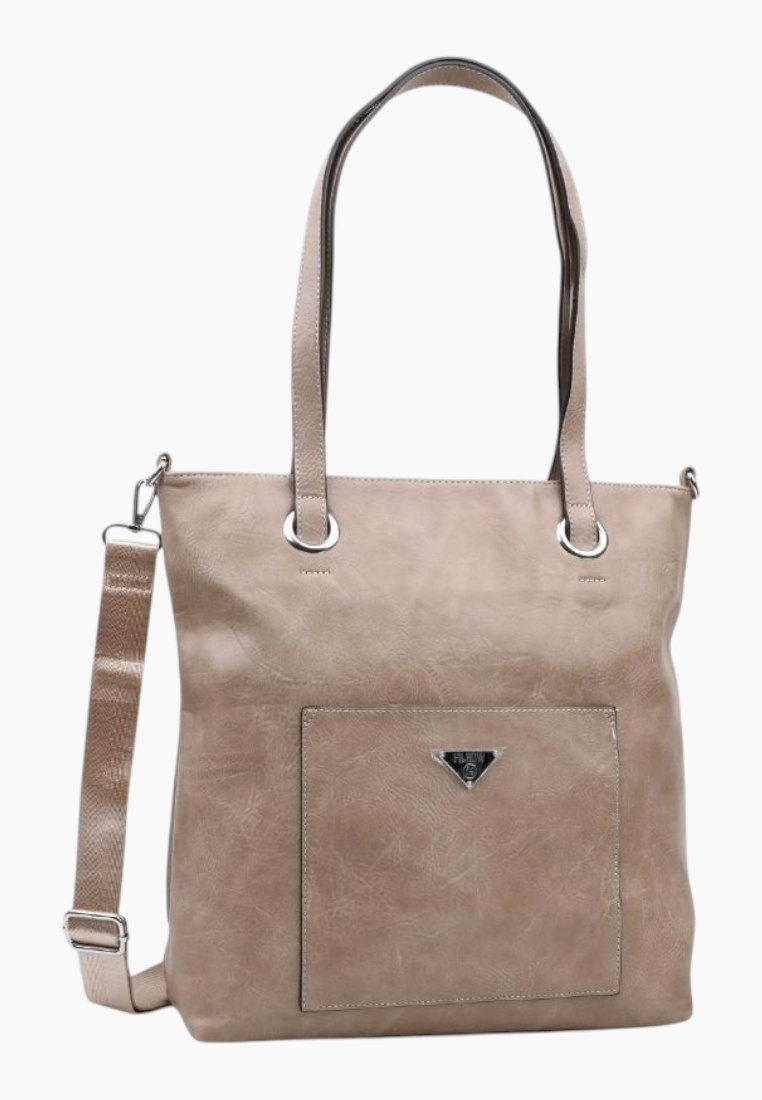 Side view of a beige tote bag showcasing two shoulder straps and a zipper closure.