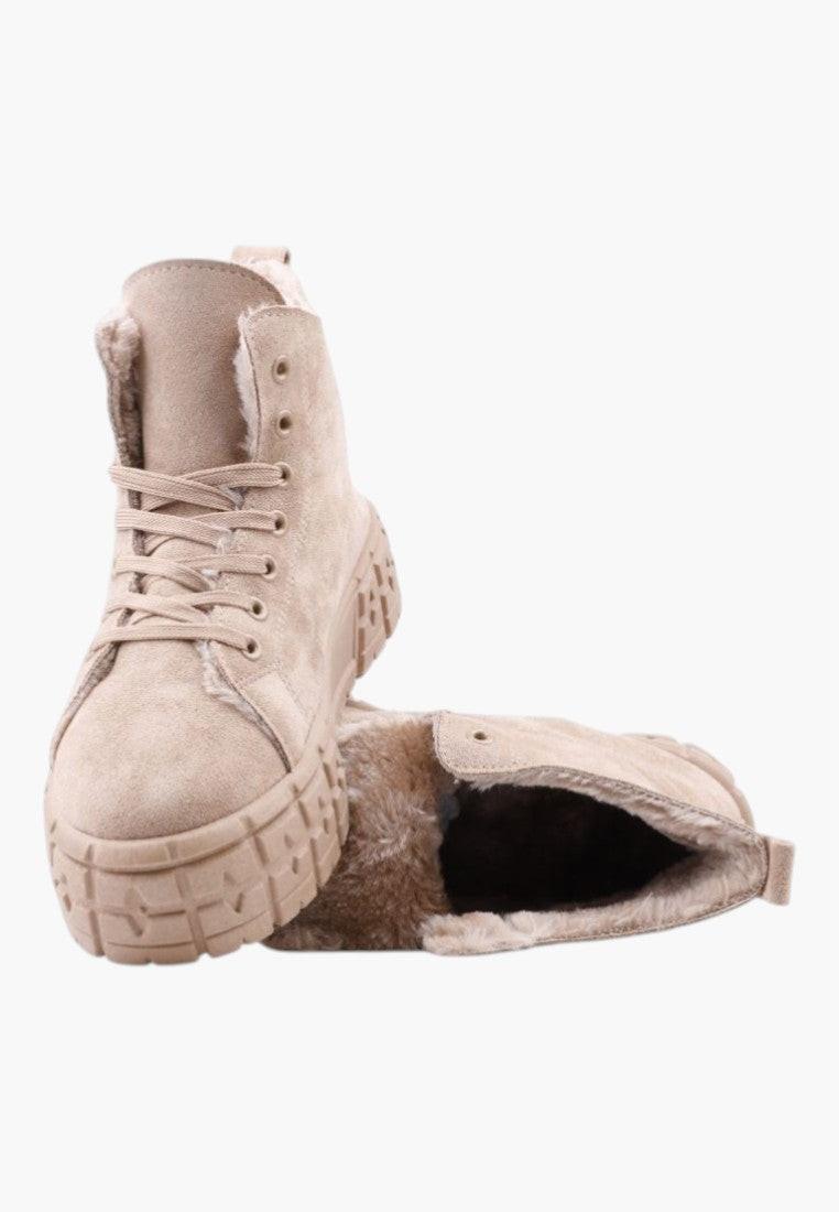 Other view of beige boots with a chunky sole and lace-up design on a white background