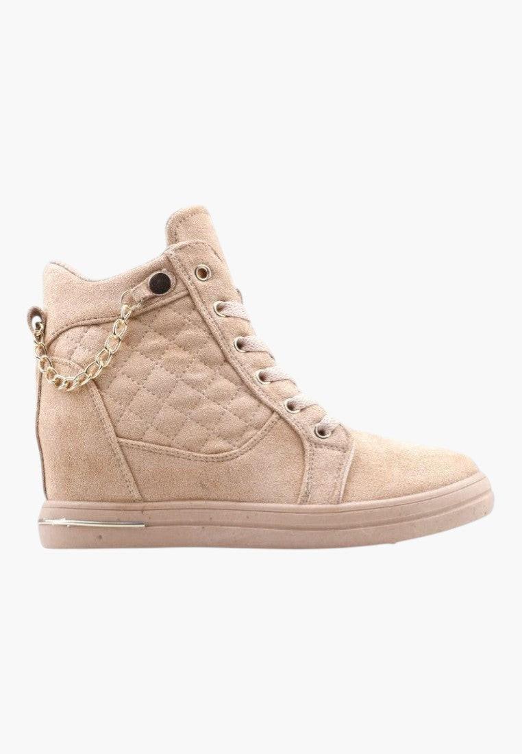 Back view of beige wedge sneakers featuring lace-up design on a white background