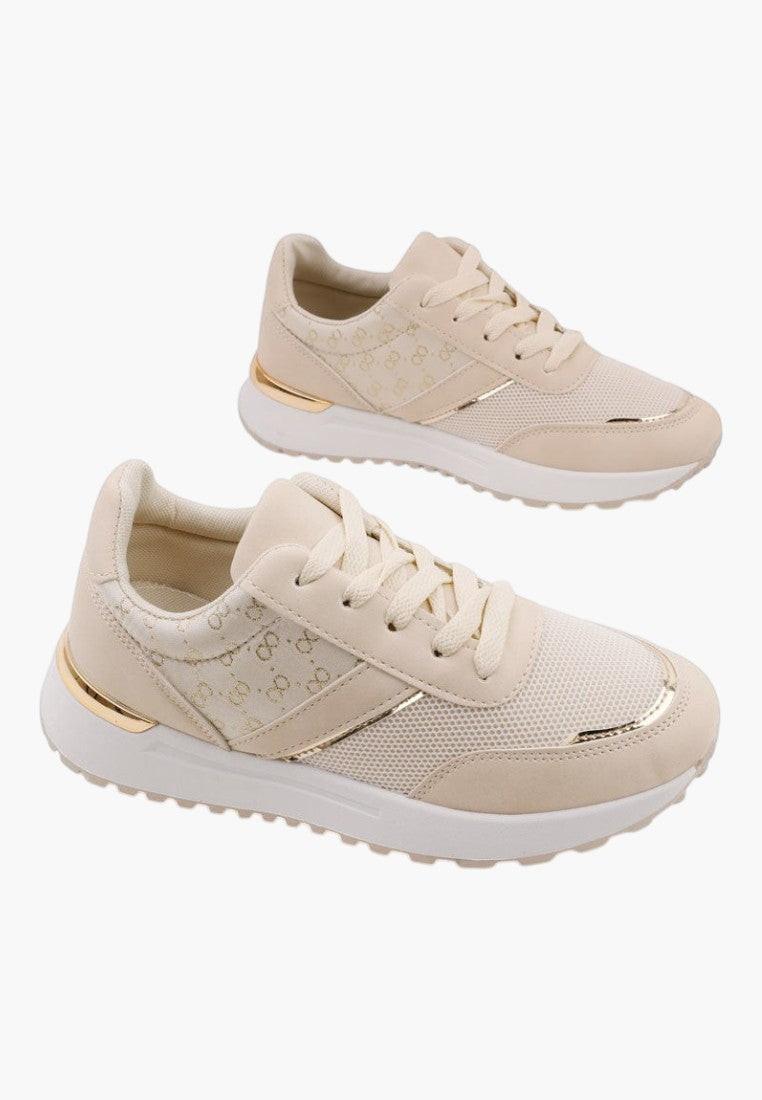 Widok z przodu beżowych sneakersów damskich z sznurowanym zapięciem