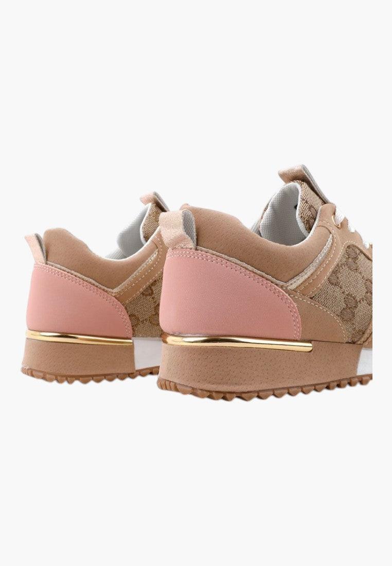 Beżowo złote sneakersy damskie z tyłu, sznurowane, ekozamszowe.
