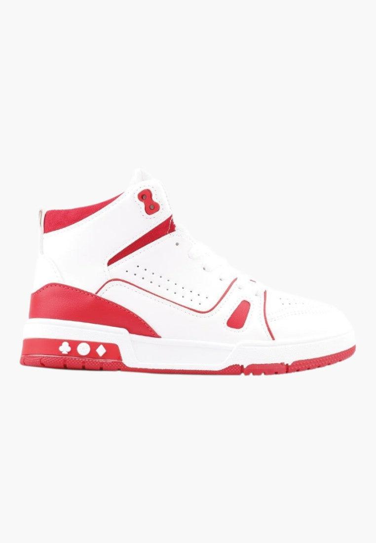 Białe i czerwone sneakersy w stylu życia, wysoka cholewka, sznurowane.