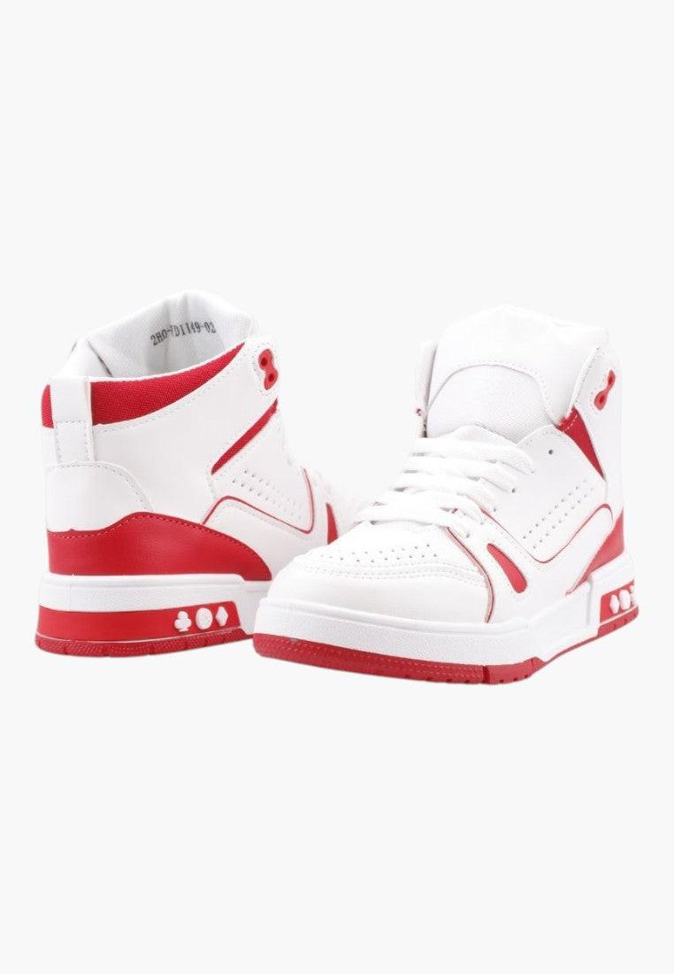 Białe i czerwone sneakersy z przodu, wysoka cholewka, zapięcie na rzep.