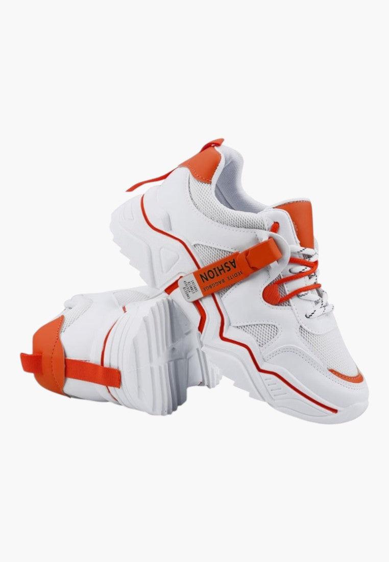 Białe i pomarańczowe sneakersy z podwójnymi zapięciami na rzep, widok z boku