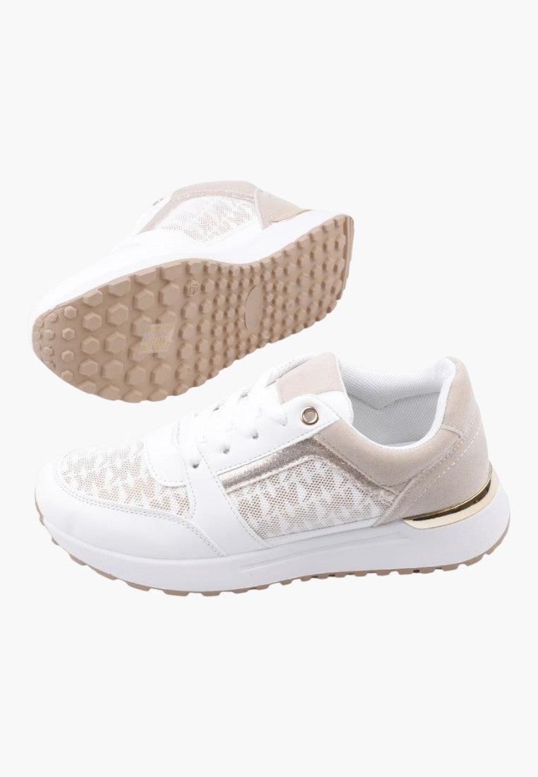 Widok z boku białych sneakersów damskich z siateczkowym wierzchem