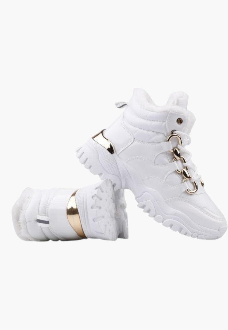 Białe sneakersy damskie z złotymi akcentami, widok z przodu