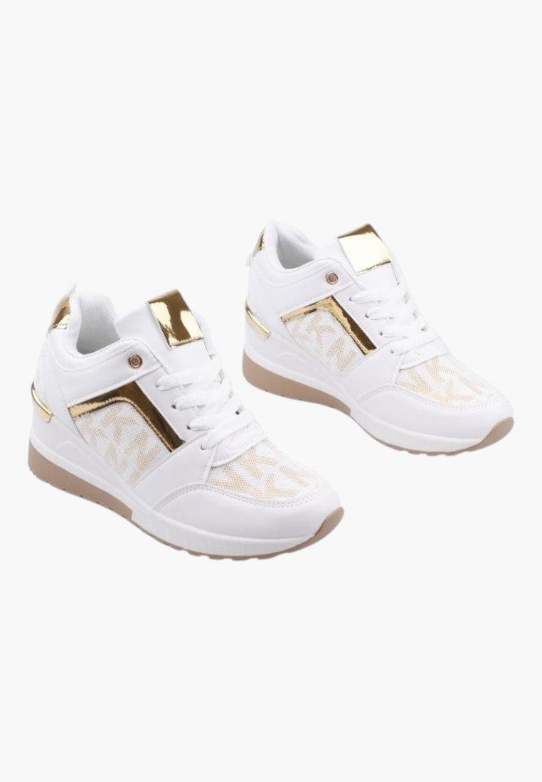 Side view of white and gold high-top sneakers showcasing sneaker design