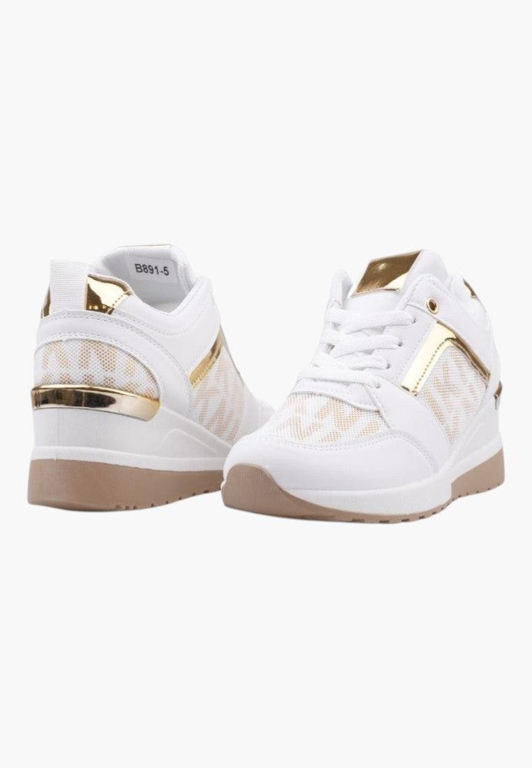 Back view of white and gold high-top sneakers with zipper closure