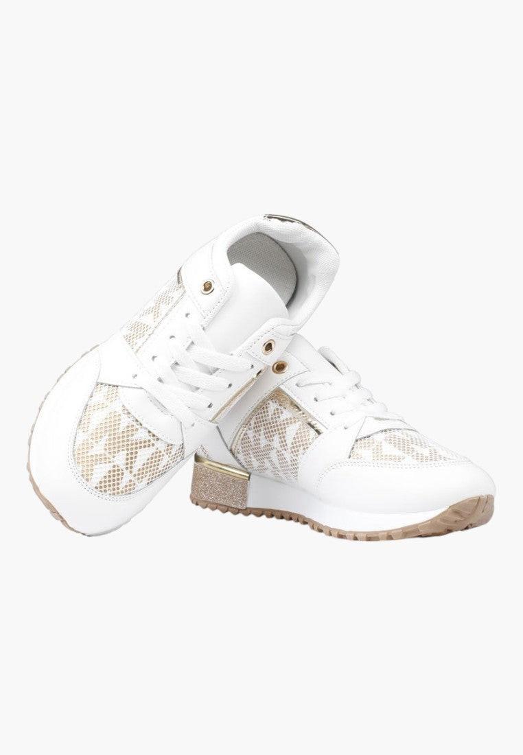 Białe złote sneakersy damskie w stylu lifestyle, widok z przodu