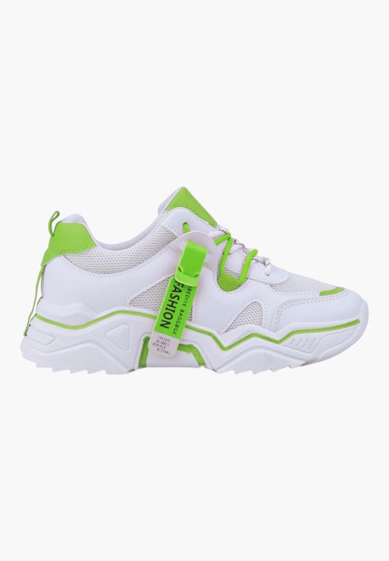 Biało zielone sneakersy damskie z siateczką, widok z boku.