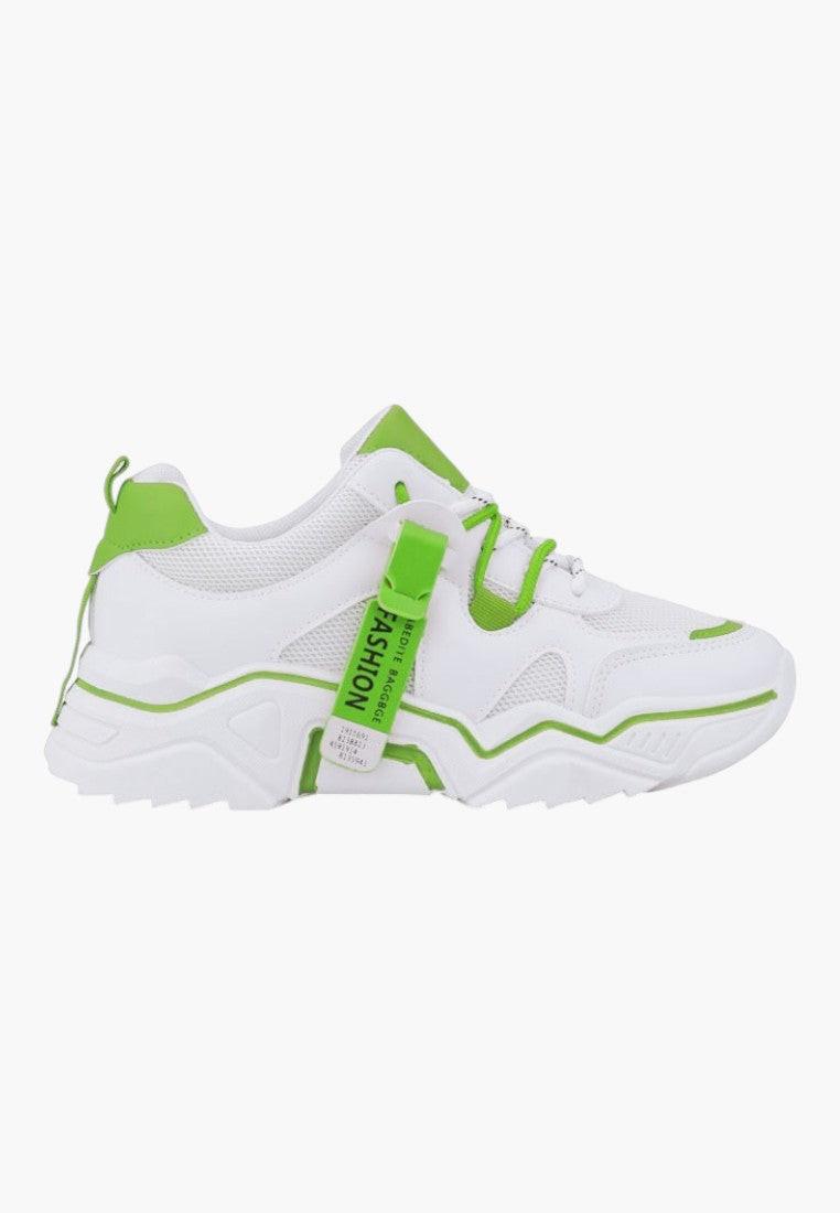 Biało zielone sneakersy damskie z siateczką, widok z boku.