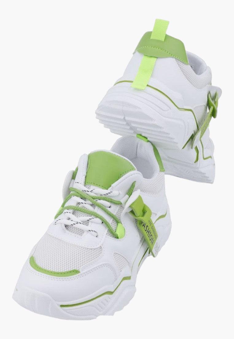 Biało zielone sneakersy damskie z rzepami, widok z przodu.