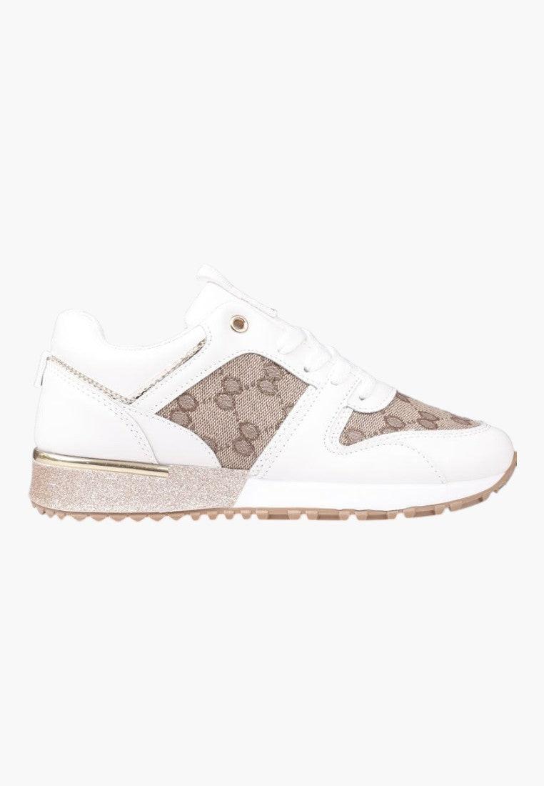 Biało-złote sneakersy damskie z okrągłym noskiem, widok z boku