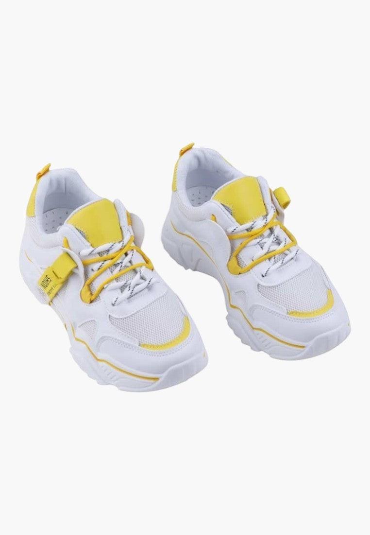Biało żółte sneakersy damskie z przodu, sznurowane, z siateczką