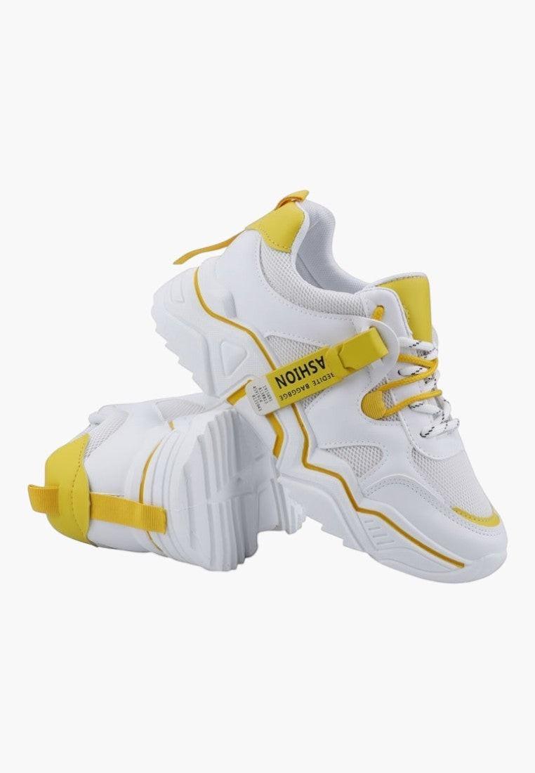 Biało żółte sneakersy damskie w stylu życia, chunky design, z rzepem