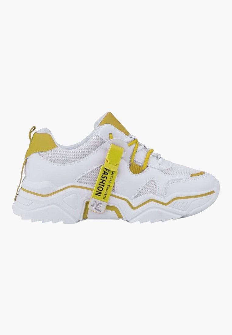 Biało żółte sneakersy damskie z boku, chunky design, z rzepem